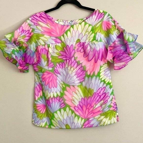 Vintage 60s Pink Purple Floral Hippie Short Sleeve Ruffled Pant Suit - XS/24" - Picture 12 of 16